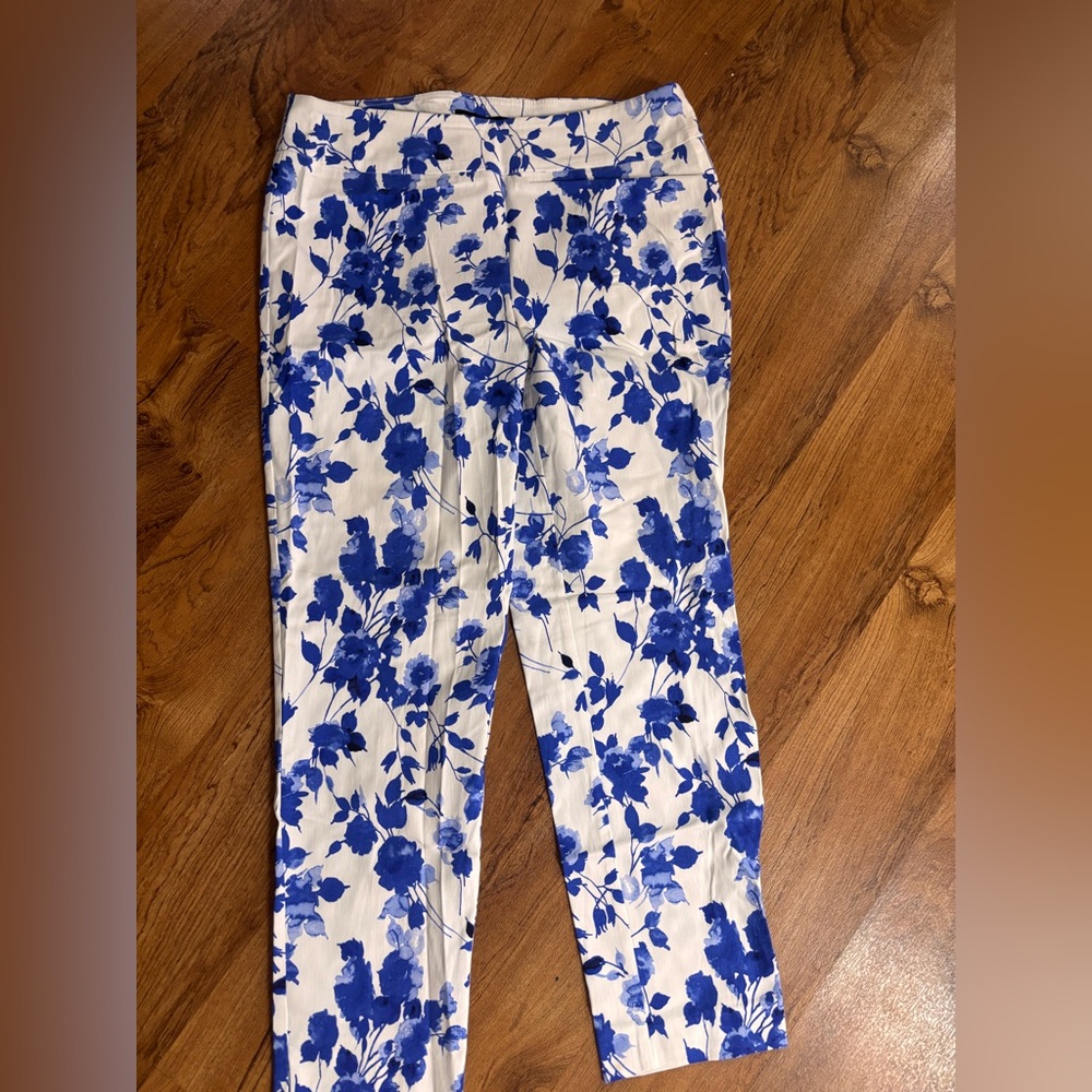 Floral Blue and White Pants. Pull on stretchy